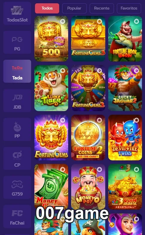 Imagem com todos os jogos de slots disponíveis no 007game, mostrando opções de entretenimento.